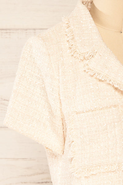 Cheryl Cropped Cream Tweed Top w/ Pockets | La petite garçonne  side close-up