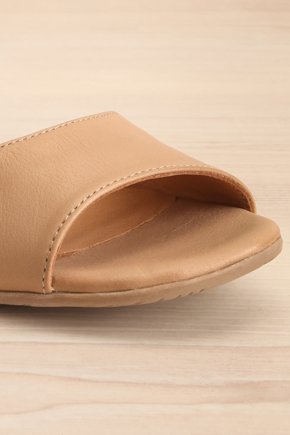 Chiesa Taupe Asymmetrical Leather Sandals | La petite garçonne front close-up
