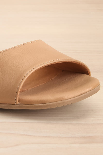 Chiesa Taupe Asymmetrical Leather Sandals | La petite garçonne front close-up