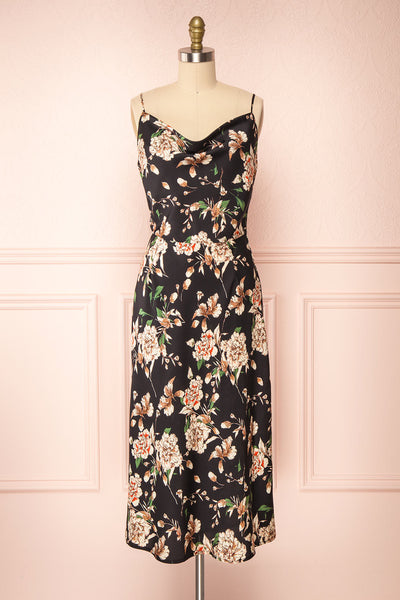 Chirley Black Floral Silky Midi Dress | Boutique 1861 front view