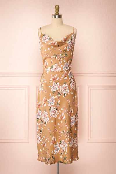 Chirley Taupe Floral Silky Midi Dress | Boutique 1861 front view