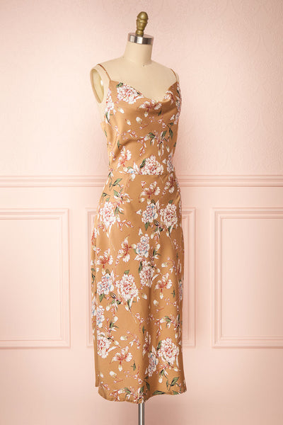 Chirley Taupe Floral Silky Midi Dress | Boutique 1861 side view