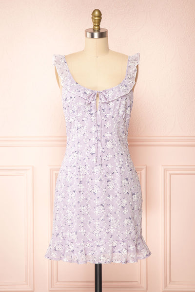 Chlia Lilac Fitted Embroidered Floral Dress w/ Ruffles | Boutique 1861 front view