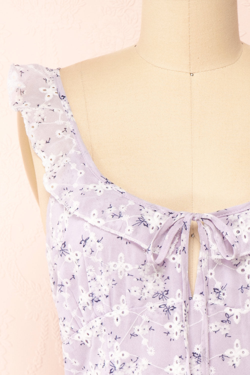 Chlia Lilac Fitted Embroidered Floral Dress w/ Ruffles | Boutique 1861 front close-up