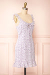 Chlia Lilac Fitted Embroidered Floral Dress w/ Ruffles | Boutique 1861 side view