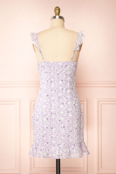 Chlia Lilac Fitted Embroidered Floral Dress w/ Ruffles | Boutique 1861 back view