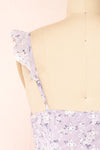 Chlia Lilac Fitted Embroidered Floral Dress w/ Ruffles | Boutique 1861 back close-up