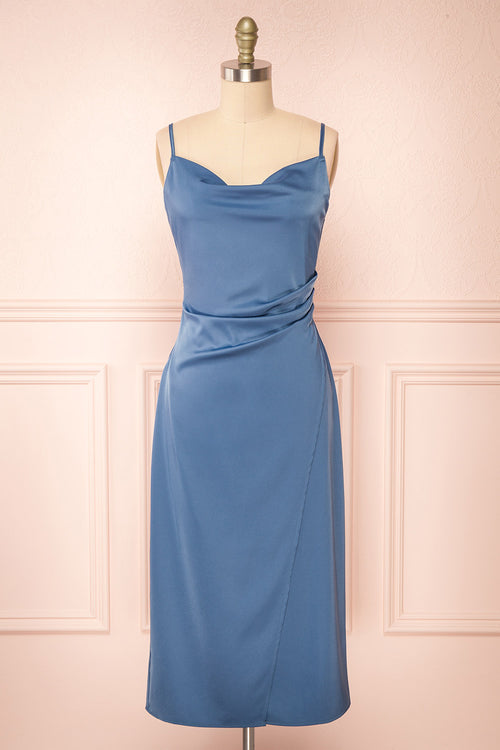 Chloe Blue Cowl Neck Satin Midi Slip Dress