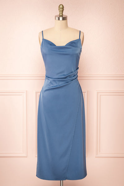 Chloe Blue Cowl Neck Satin Midi Slip Dress | Boutique 1861 front view