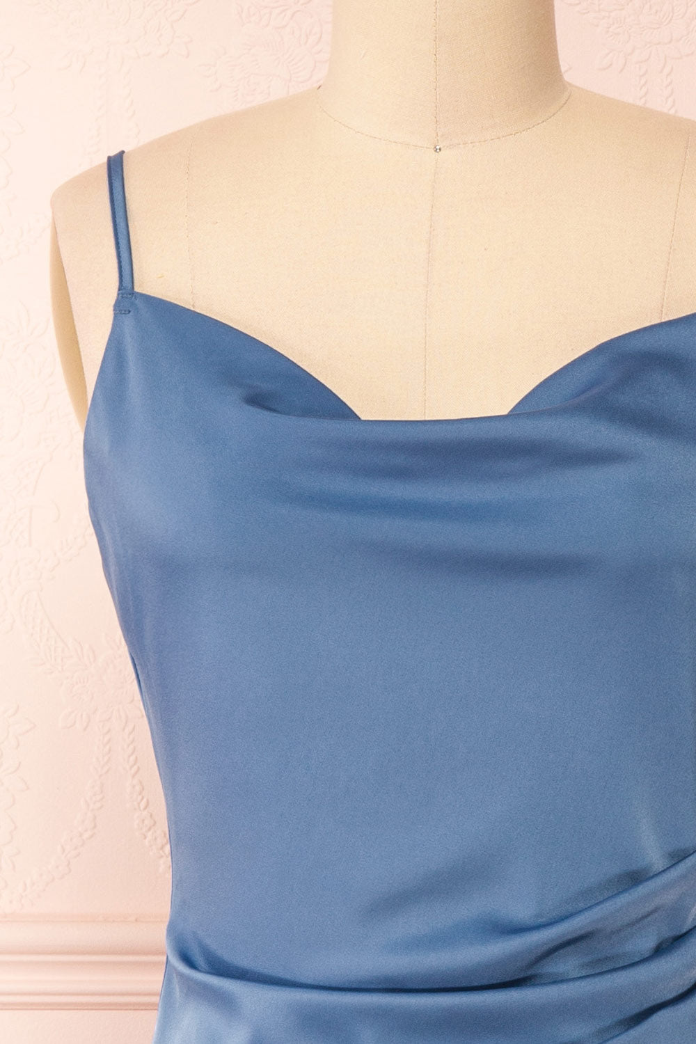 Chloe Blue Cowl Neck Satin Midi Slip Dress | Boutique 1861 front close-up 