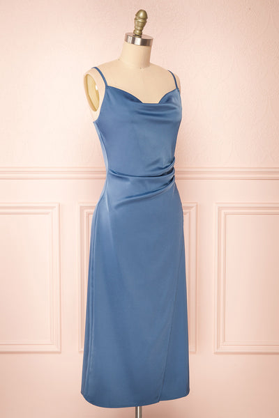 Chloe Blue Cowl Neck Satin Midi Slip Dress | Boutique 1861 side view