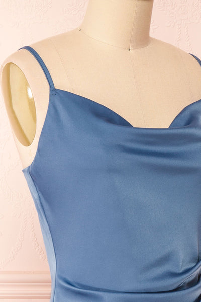 Chloe Blue Cowl Neck Satin Midi Slip Dress | Boutique 1861 side close-up