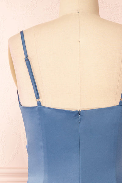 Chloe Blue Cowl Neck Satin Midi Slip Dress | Boutique 1861 back close-up