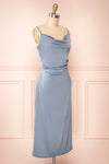 Chloe Blue Grey Cowl Neck Satin Midi Slip Dress | Boutique 1861 side view