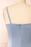 Chloe Blue Grey Cowl Neck Satin Midi Slip Dress | Boutique 1861 back close-up