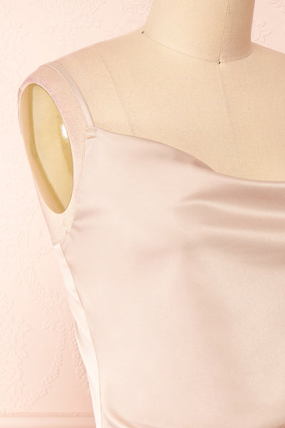 Chloe Champagne Silky Midi Slip Dress | Boutique 1861 side close-up