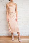 Chloe Sunrise Pink Cowl Neck Silky Midi Slip Dress | Boutique 1861 model