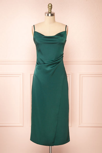 Chloe Green Cowl Neck Silky Midi Slip Dress | Boutique 1861 front view
