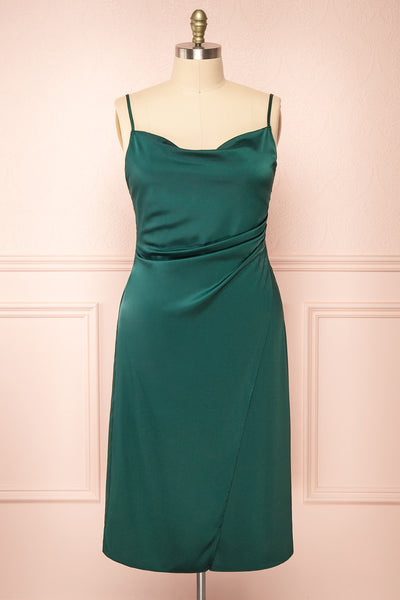 Chloe Green Cowl Neck Silky Midi Slip Dress | Boutique front plus size