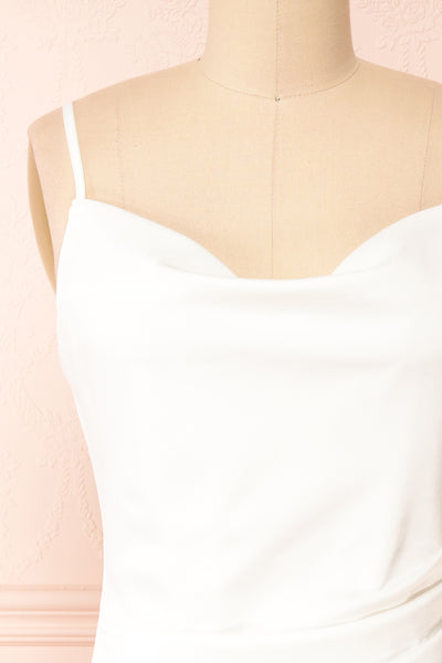 Chloe Ivory Cowl Neck Satin Midi Slip Dress | Boutique 1861 front close-up