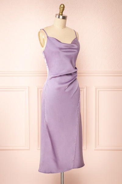 Chloe Lavender Cowl Neck Silky Midi Slip Dress | Boutique 1861 side view