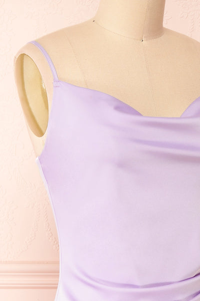 Chloe Lilac Cowl Neck Satin Midi Slip Dress | Boutique 1861 side close-up