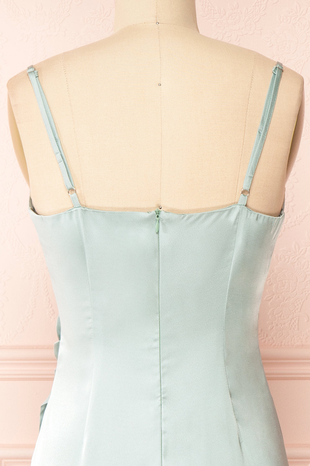 Chloe Mint Cowl Neck Silky Midi Slip Dress | Boutique 1861 back close-up