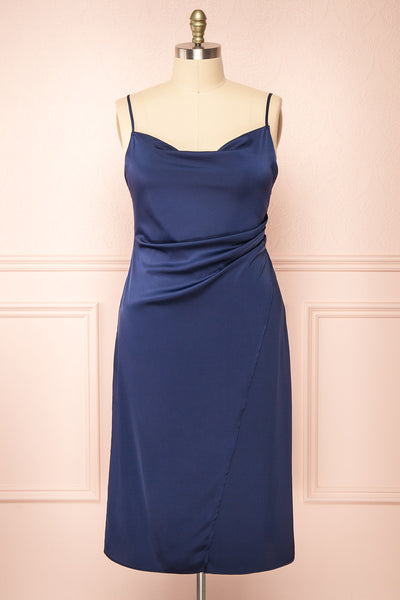 Chloe Navy Silky Midi Slip Dress | Boutique 1861 front plus size