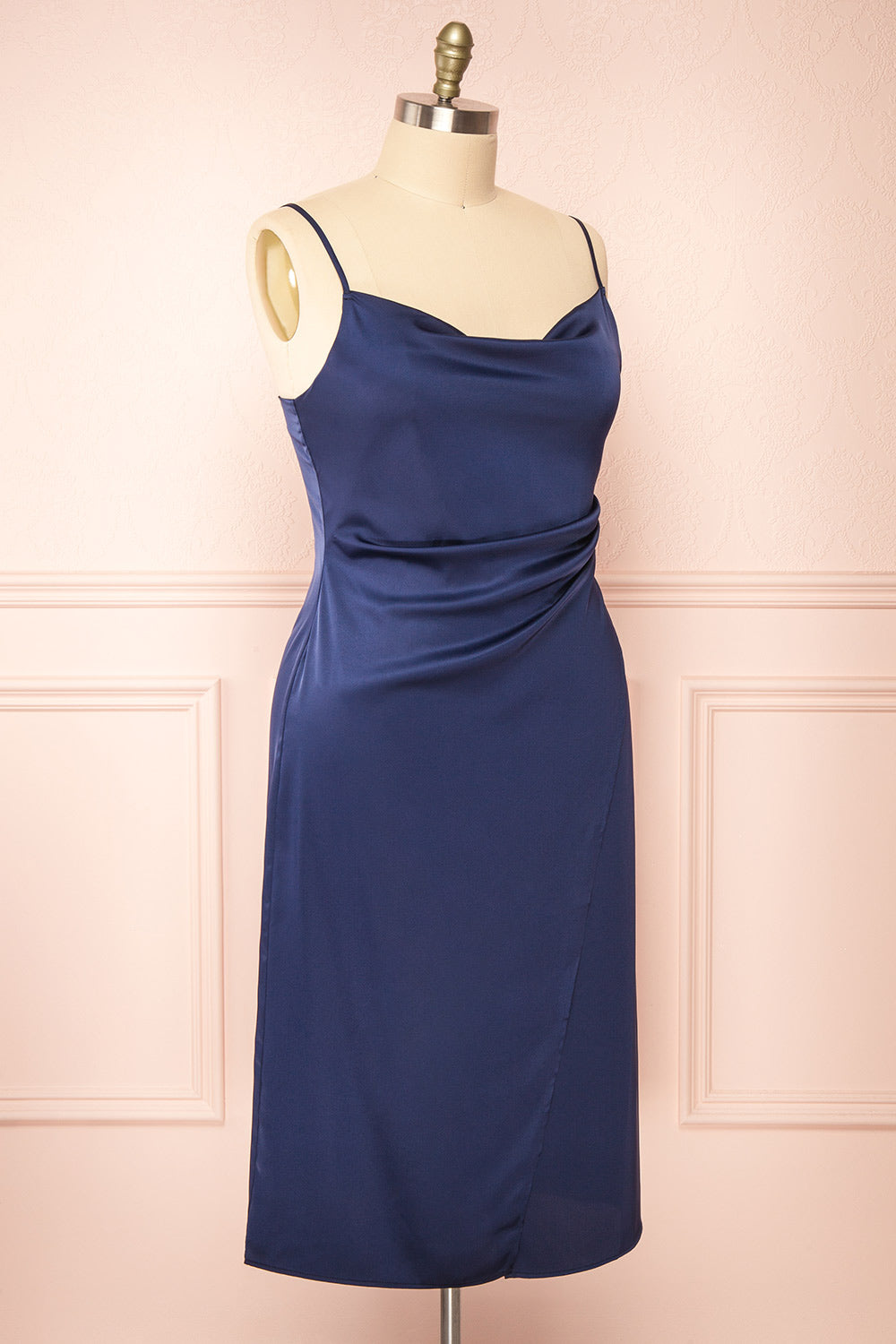 Chloe Navy Silky Midi Slip Dress | Boutique 1861 side plus size 