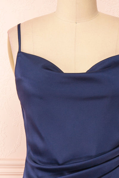 Chloe Navy Silky Midi Slip Dress | Boutique 1861 front close-up