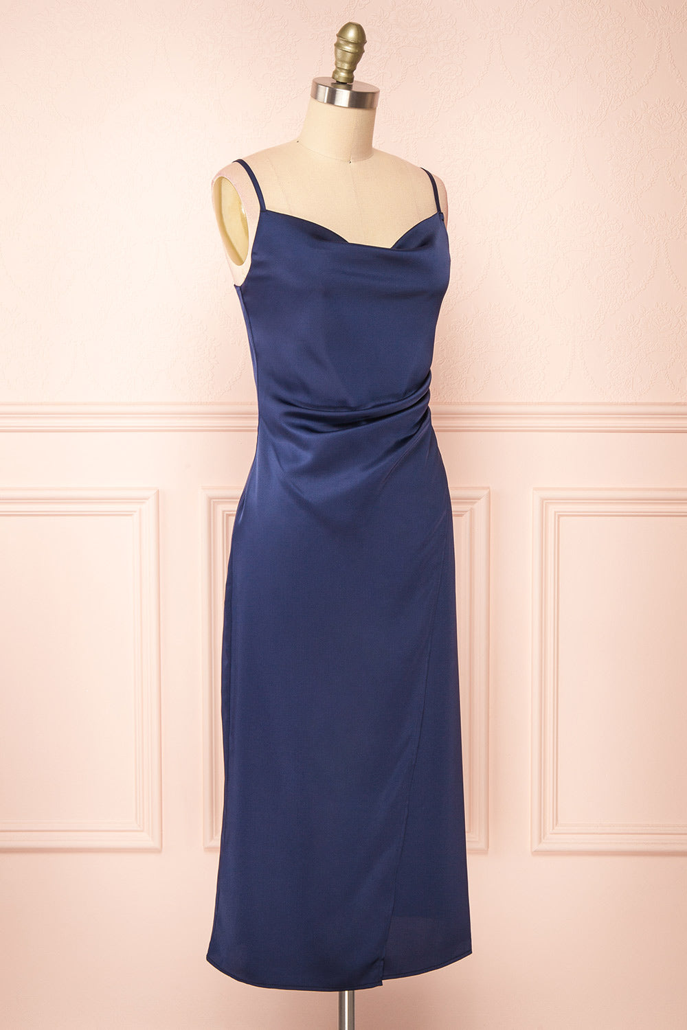 Chloe Navy Silky Midi Slip Dress | Boutique 1861 side view 