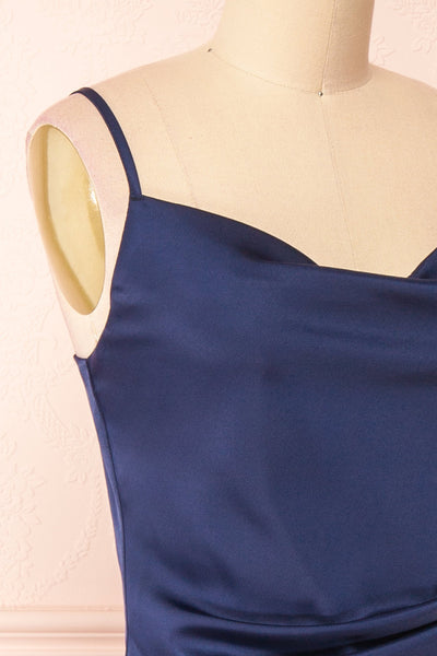 Chloe Navy Silky Midi Slip Dress | Boutique 1861 side close-up