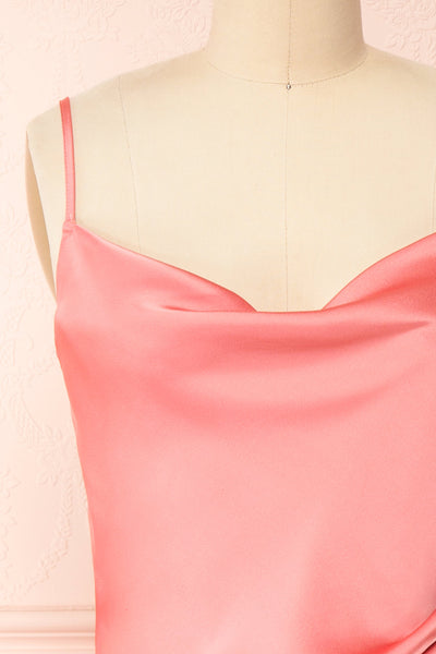 Chloe Pink Cowl Neck Silky Midi Slip Dress | Boutique 1861 front close-up