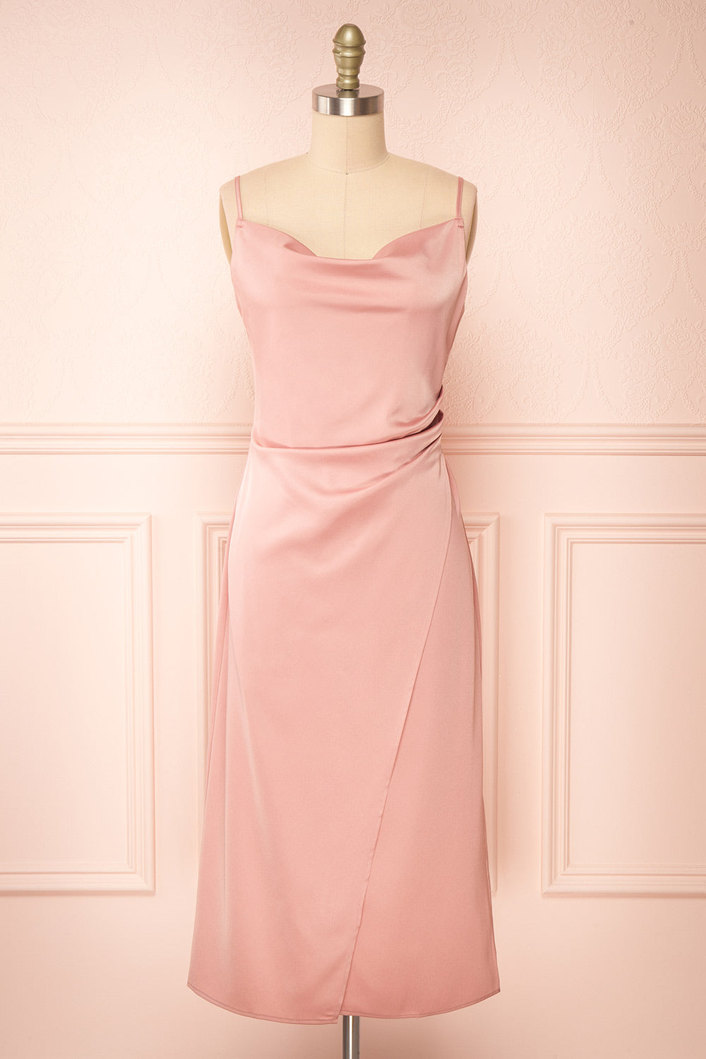 Chloe Pink Cowl Neck Satin Midi Slip Dress | Boutique 1861 front view 
