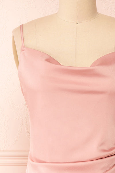 Chloe Pink Cowl Neck Satin Midi Slip Dress | Boutique 1861 front close-up