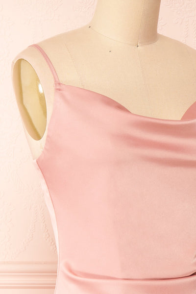 Chloe Pink Cowl Neck Satin Midi Slip Dress | Boutique 1861 side close-up