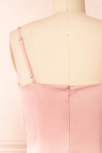 Chloe Pink Cowl Neck Satin Midi Slip Dress | Boutique 1861 back close-up