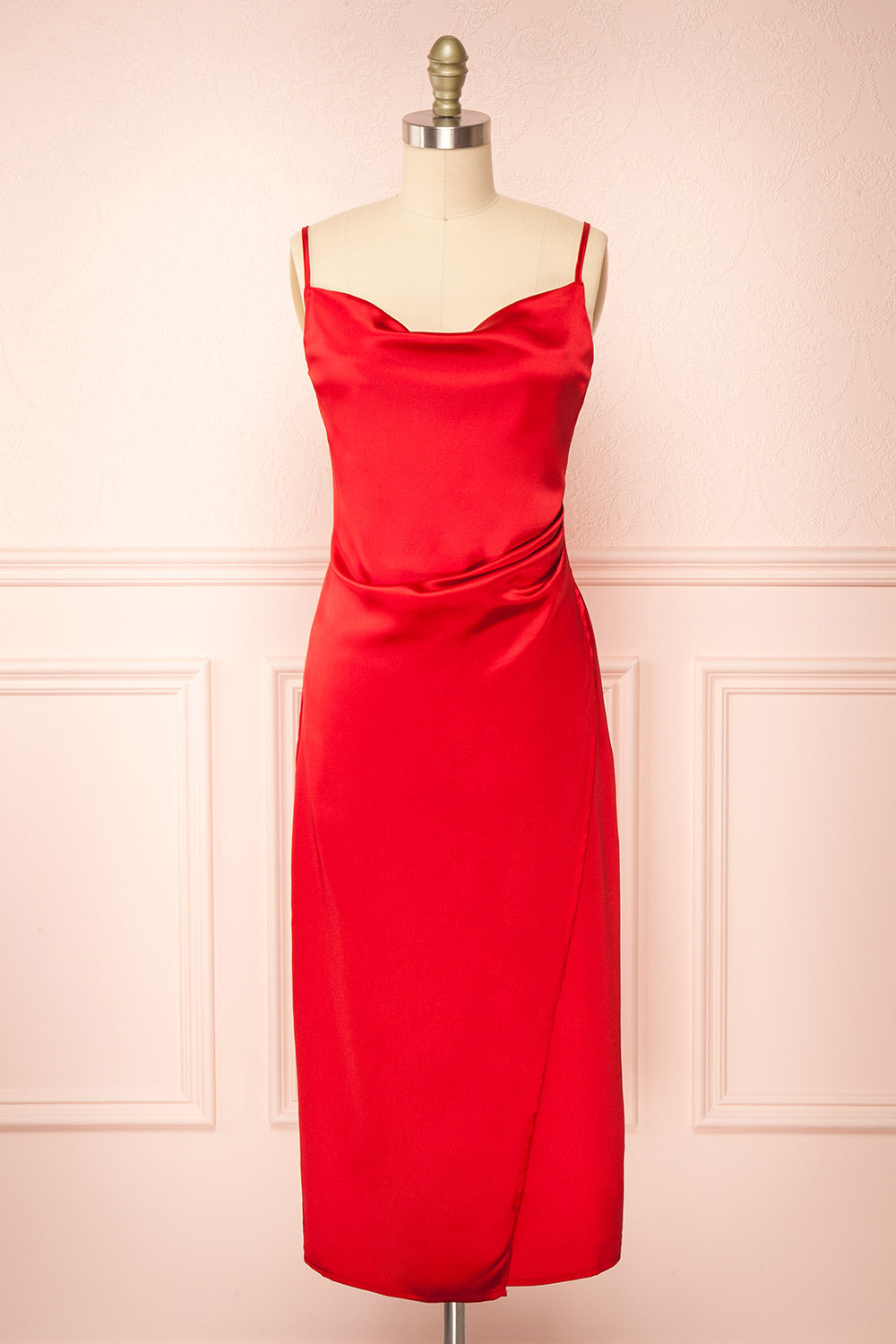 Chloee Red Silky Midi Slip Dress | Boutique 1861 front view