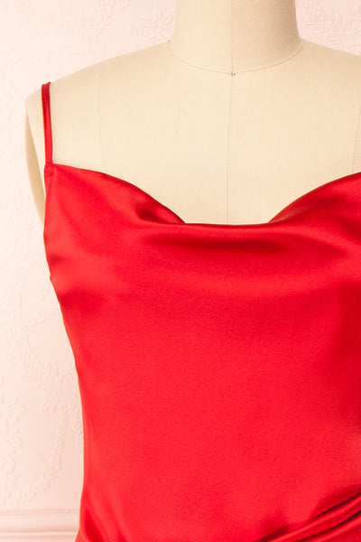 Chloee Red Silky Midi Slip Dress | Boutique 1861 front close-up