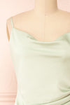 Chloe Sage Green Cowl Neck Satin Midi Slip Dress | Boutique 1861 front close-up