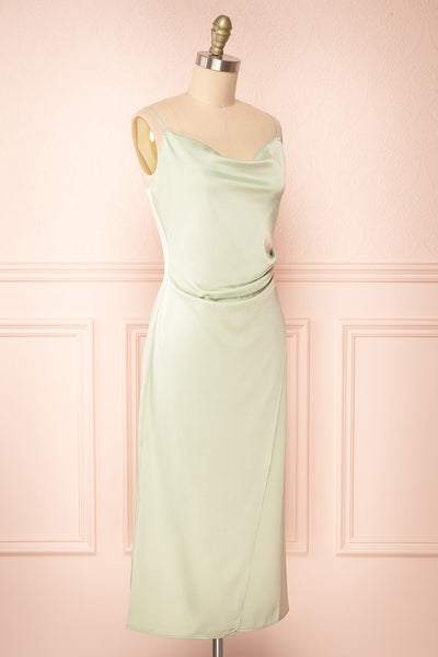 Chloe Sage Green Cowl Neck Satin Midi Slip Dress | Boutique 1861 side view