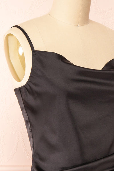 Chloe Storm Black Silky Midi Slip Dress | Boutique 1861 side close-up