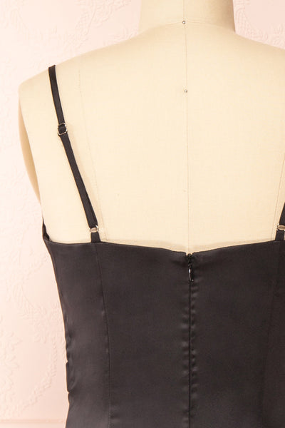 Chloe Storm Black Silky Midi Slip Dress | Boutique 1861 back close-up