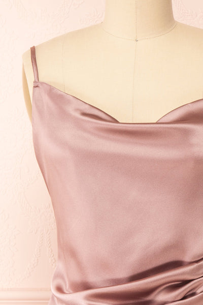 Chloe Sunrise Pink Cowl Neck Silky Midi Slip Dress | Boutique 1861 front close-up