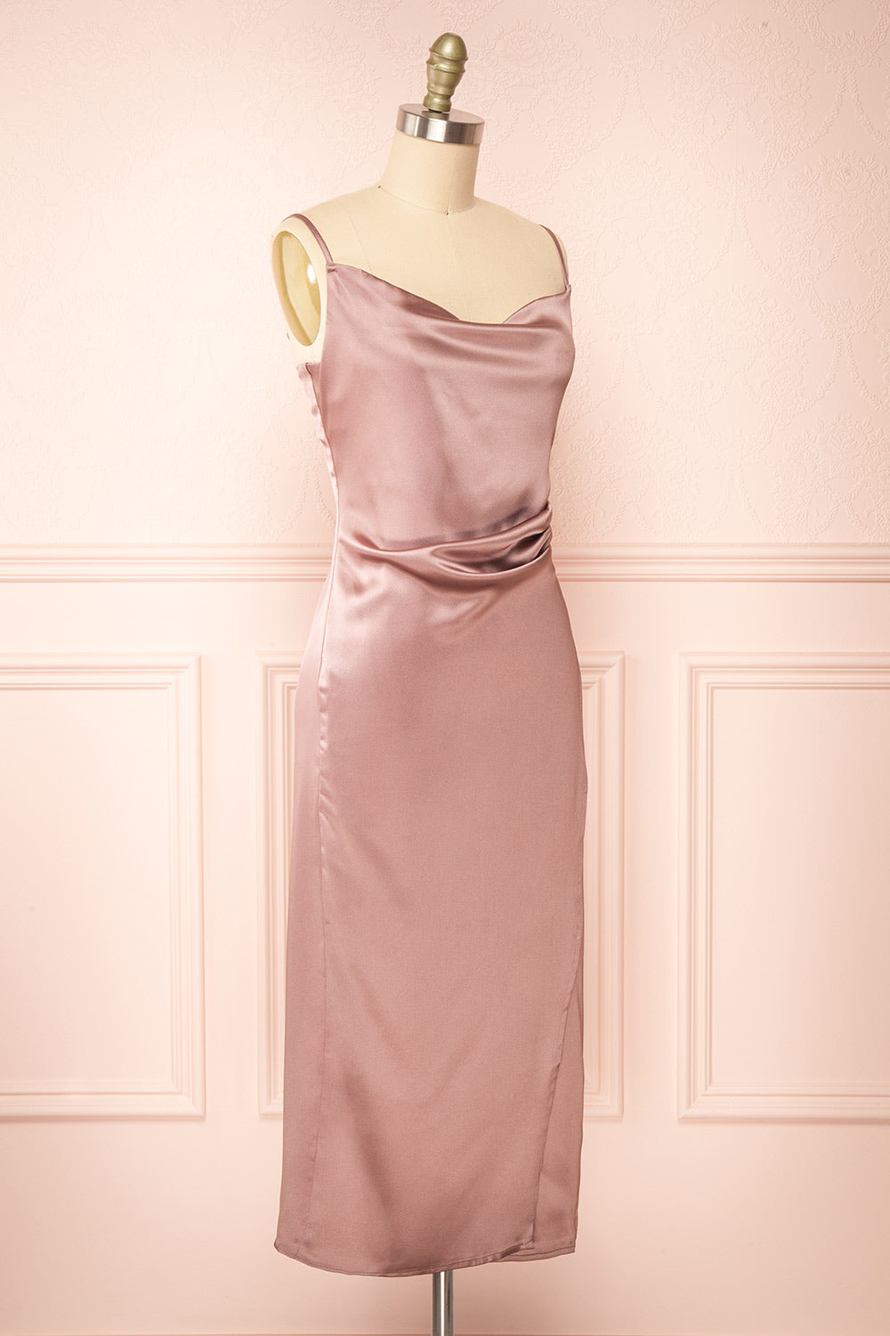 Chloe Sunrise Pink Cowl Neck Silky Midi Slip Dress | Boutique 1861 side view