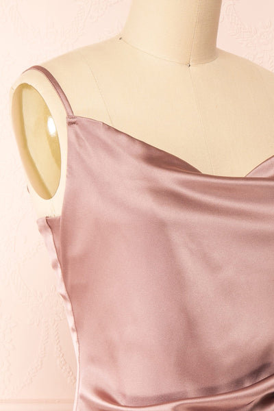 Chloe Sunrise Pink Cowl Neck Silky Midi Slip Dress | Boutique 1861 side close-up