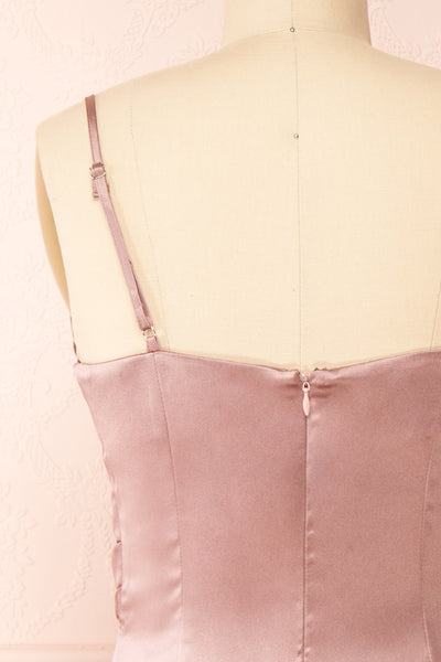 Chloe Sunrise Pink Cowl Neck Silky Midi Slip Dress | Boutique 1861 back close-up