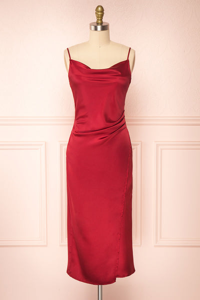 Chloe Wine Red Silky Midi Slip Dress | Boutique 1861