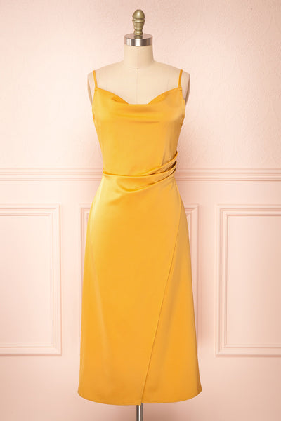 Chloe Yellow Cowl Neck Satin Midi Slip Dress | Boutique 1861 front view