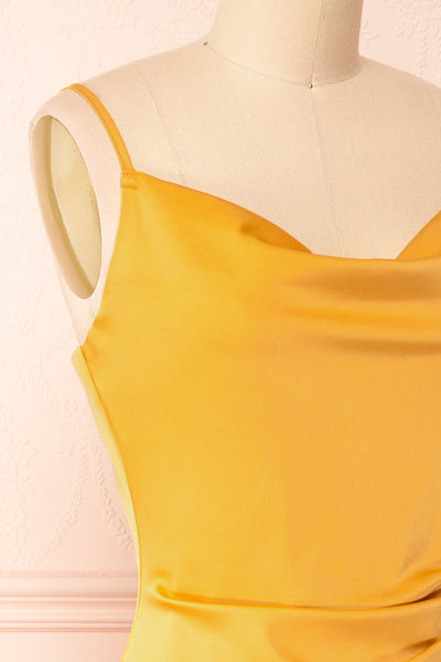 Chloe Yellow Cowl Neck Satin Midi Slip Dress | Boutique 1861 side close-up